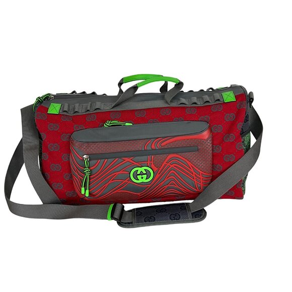 Gucci Men's Duffle Bag GG Jacquard Nylon & Rubber Large Color Gray-Green-Red - Picture 2 of 16
